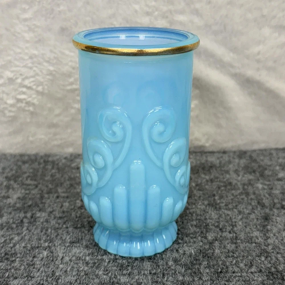 VTG Avon Bristol Blue Opaque Glass Vase 4 3/4 In Scroll Pattern Gold Rim Decor